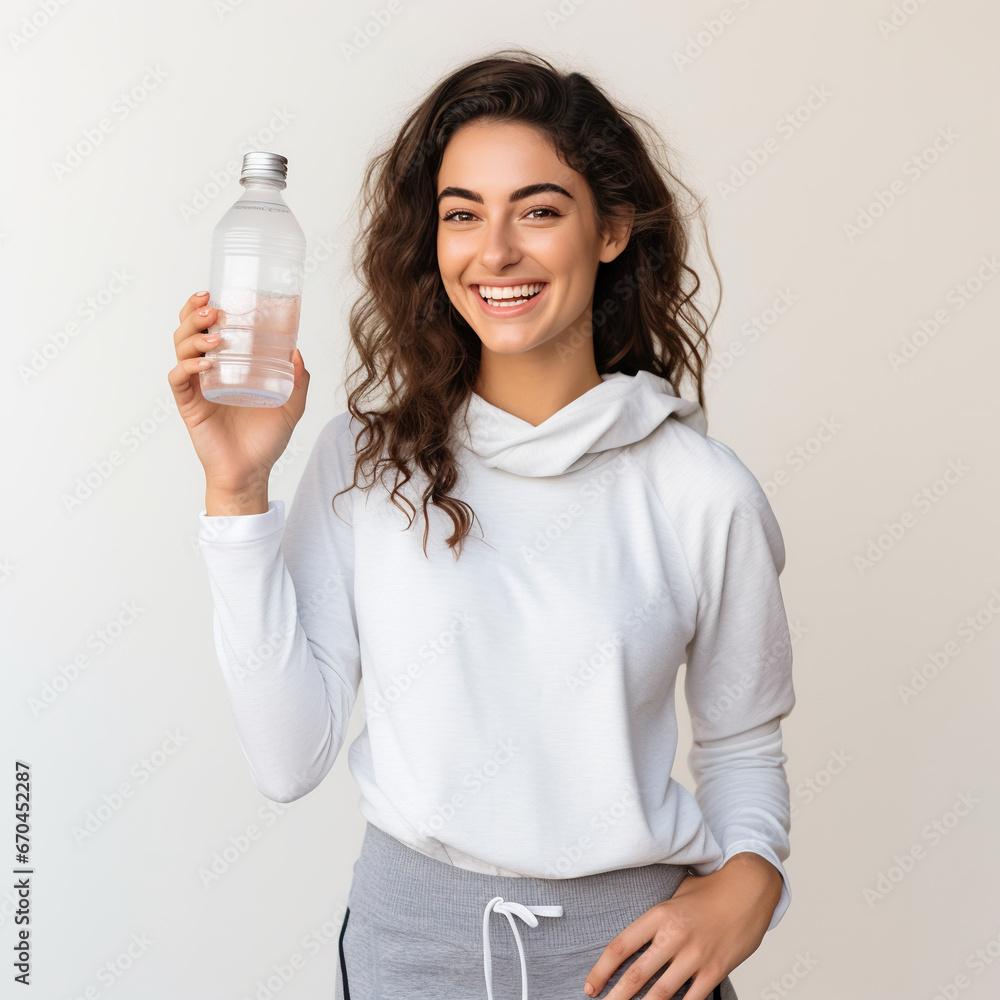 young smiling woman in gym costume holding water bottle young smiling woman in gym costume holding water bottle