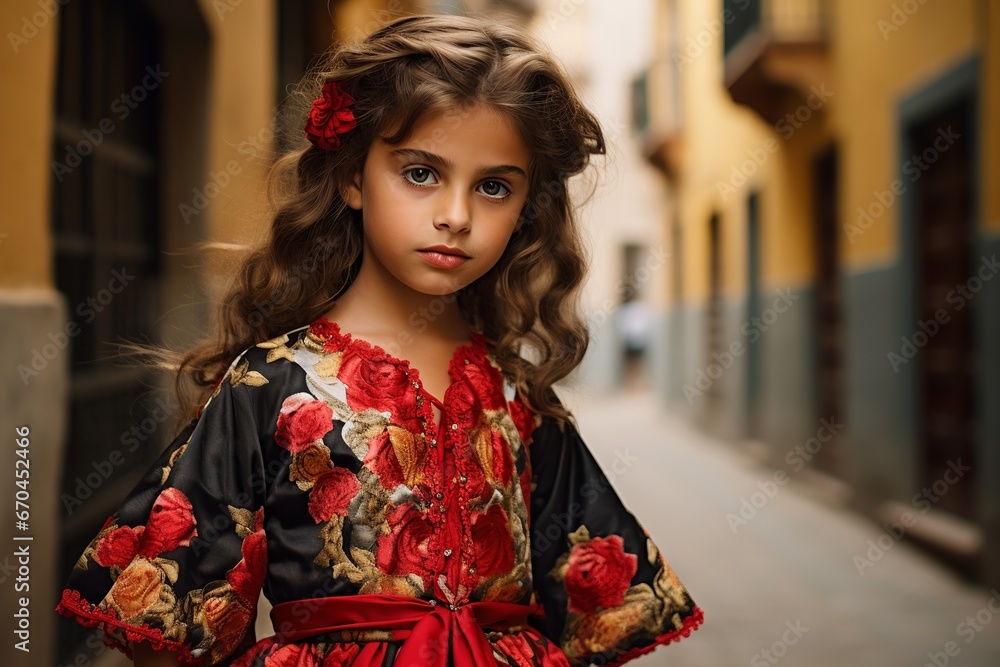illustration of a spanish girl dressing in Spanish and modern childrens , Generative ai