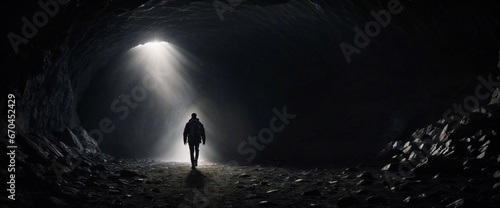 a man walking toward light in the dark night photo