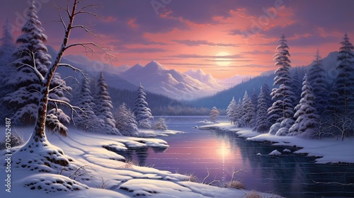 Evening snowfall creating a serene winter landscape. Peaceful, snowy beauty, tranquil scene, wintertime calm, nature's serenity, winter wonderland. Generated by AI. © Кирилл Макаров