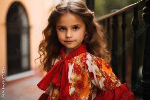 illustration of a spanish girl dressing in Spanish and modern childrens , Generative ai