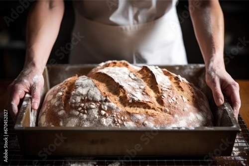 placing a loaf of sourdough in a baking tray