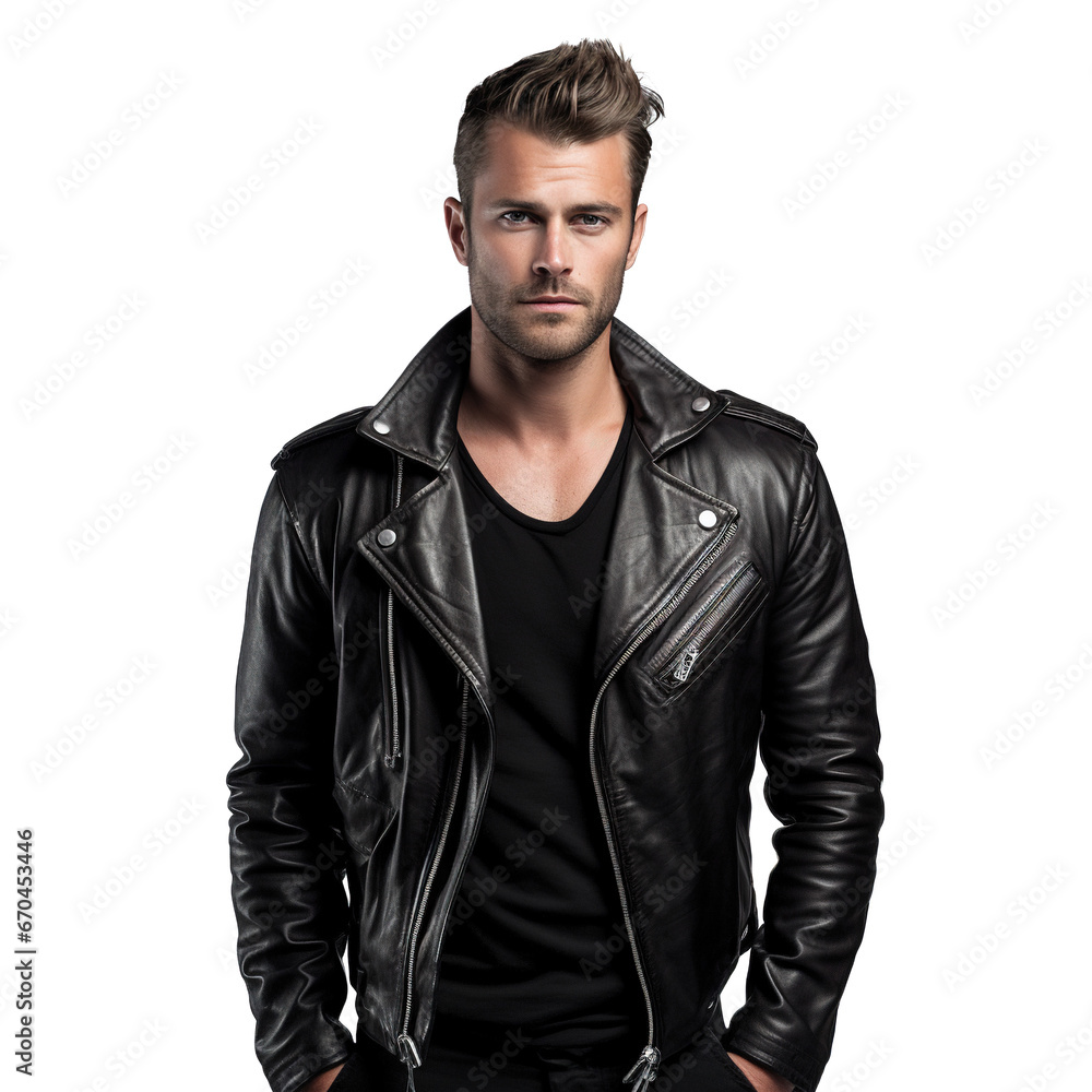 Obraz premium Smart guy in a leather jacket in confident mood, fashion pose