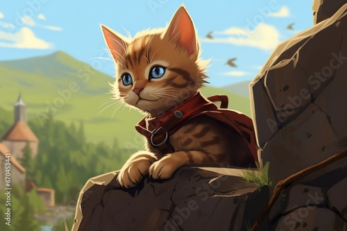 illustration of adventure kitten wearing a bandana peering over , Generative ai