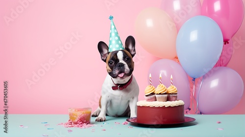 Dog celebrating Birthday by wearing a hat, with Cake, balloons, and candles, on a pink background. Festive Enjoy Dogs Birthday Celebration, Birthday Party