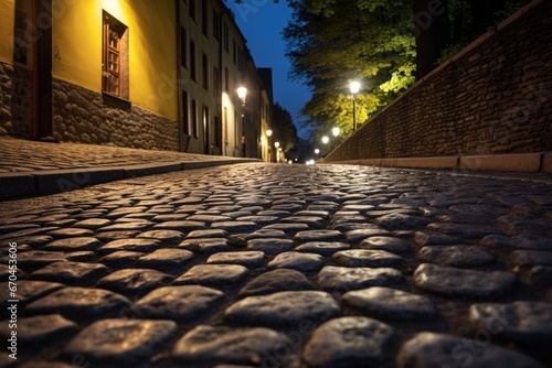 light from a street lamp illuminating a cobblestone path