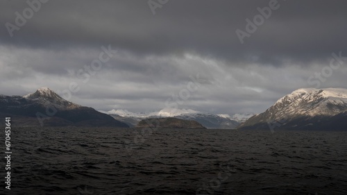 Majestic scene of Patagonian fjords surrounded by towering mountains