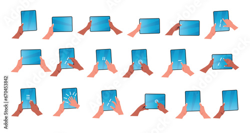 Hands holding tablet set. Fingers touching, tapping, scrolling tab screens, using applications. People handling with tablets. Vector illustrations isolated on white background.