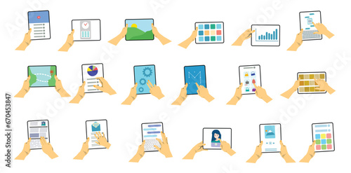 Human gesture using tablet. Fingers touching, tapping, scrolling tab screens, use applications. People handling with tablets. Flat vector illustrations isolated on white background.