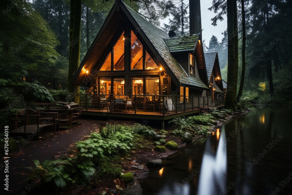 Cabin house surrounded by a peaceful forest, Generative AI Cabin house surrounded by a peaceful forest, Generative AI