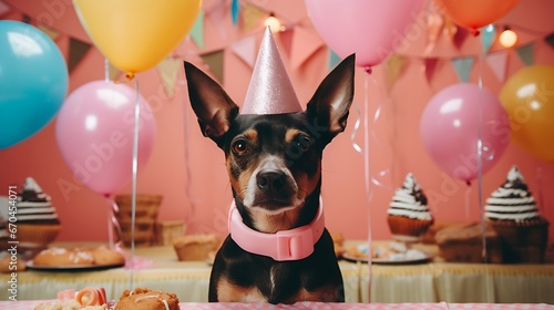 Dog celebrating Birthday by wearing a hat, with Cake, balloons, and candles, on a pink background. Festive Enjoy Dogs Birthday Celebration, Birthday Party