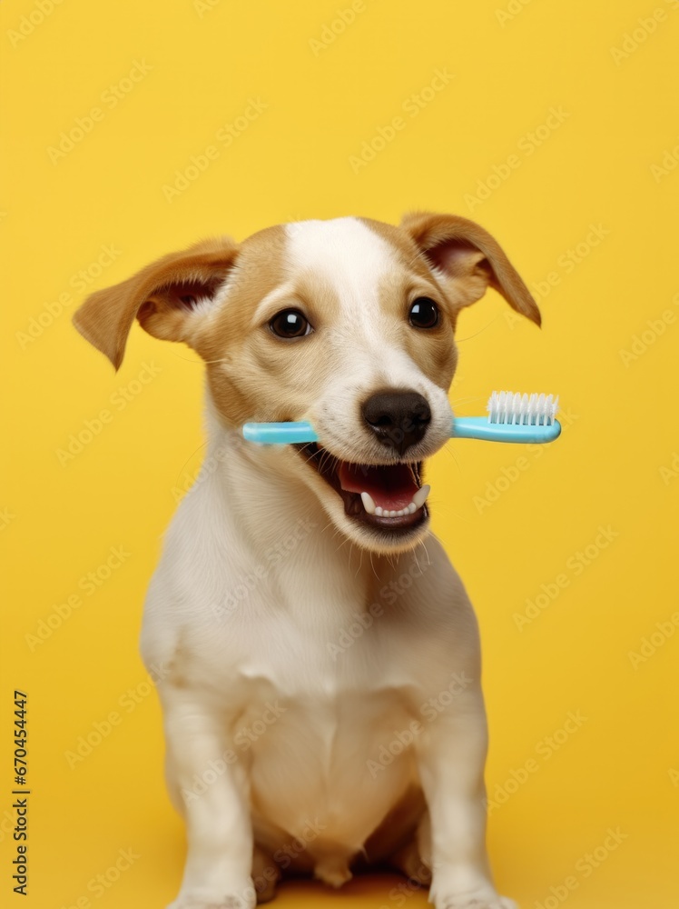 Red Jack Russell Terrier dog with toothbrush in teeth on yellow background