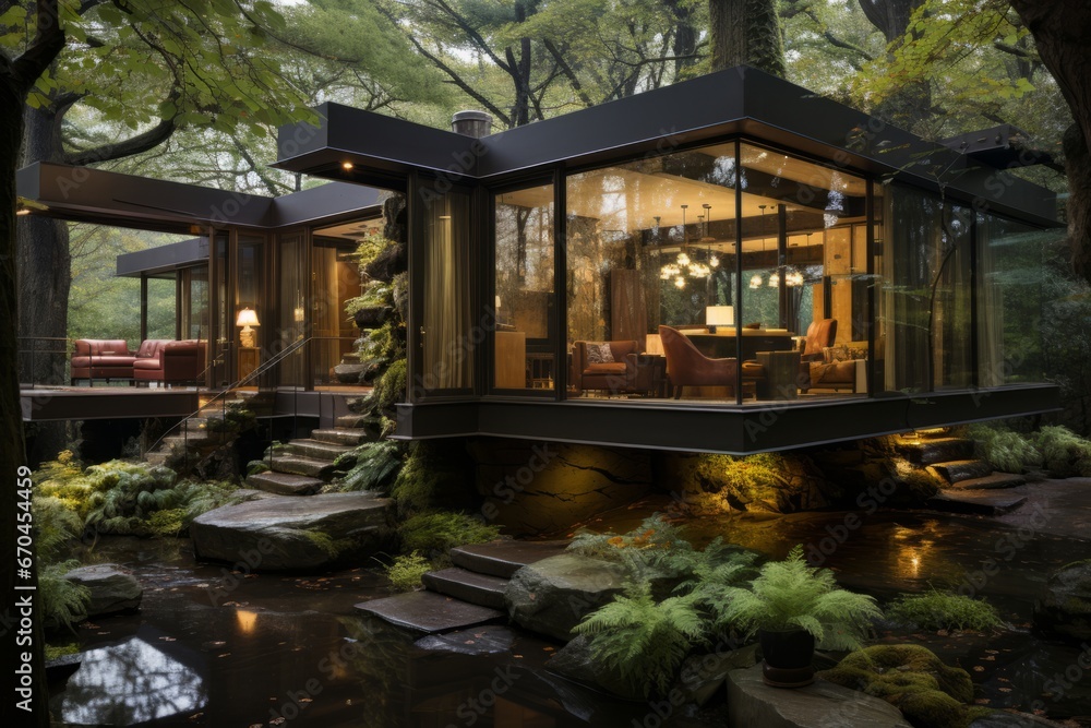 Obraz premium Cabin house with a contemporary and sustainable design, blending with nature, Generative AI