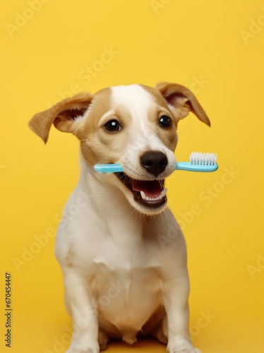 Red Jack Russell Terrier dog with toothbrush in teeth on yellow background