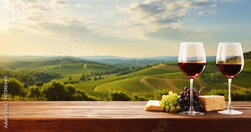 Wooden table on vineyard background with two wine glasses a bunch of grapes and cheese, banner with space for your product or text