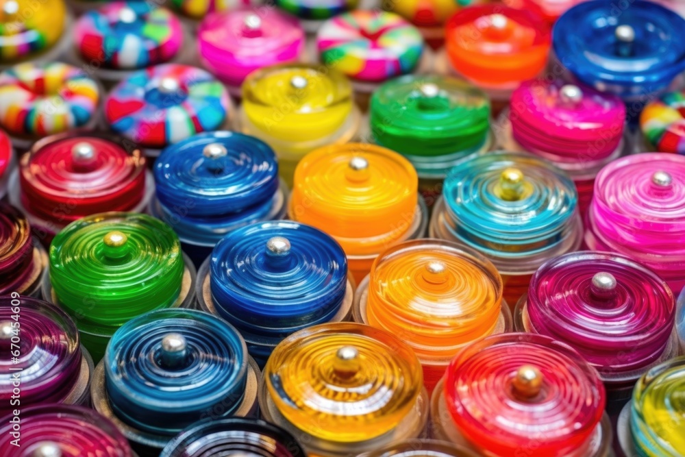 vibrant colors of different yo-yo parts on display vibrant colors of different yo-yo parts on display