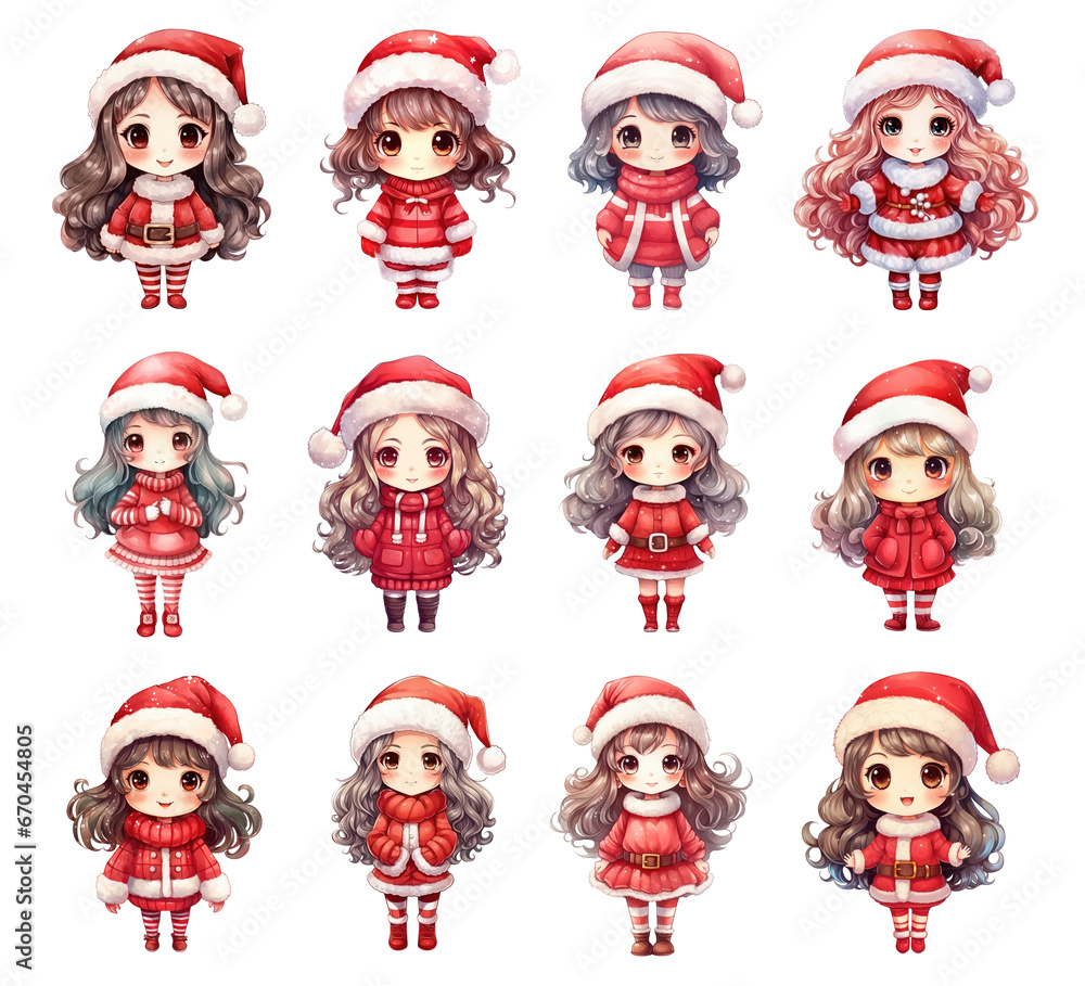 Watercolor Christmas Elements. Set of Clipart Cute Girls in Christmas Suit. Adorable Girl in Christmas Theme.