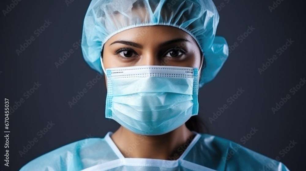 Close-up portrait of a girl doctor surgeon wearing a mask, Close-up portrait of a girl doctor surgeon wearing a mask,