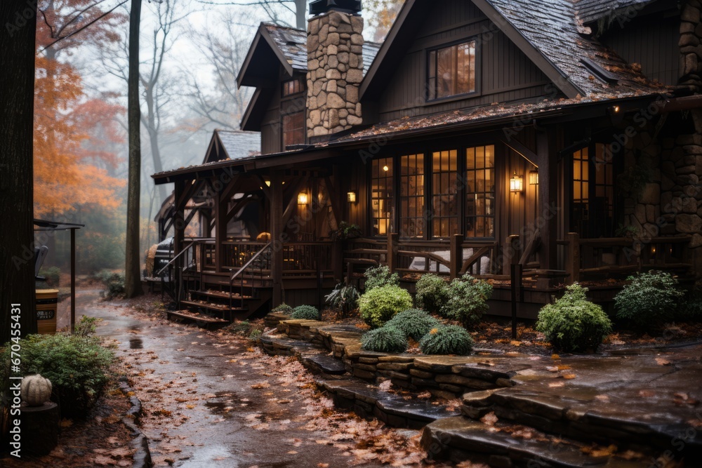 Cabin house with a rustic stone chimney and a warm, inviting atmosphere, Generative AI Cabin house with a rustic stone chimney and a warm, inviting atmosphere, Generative AI