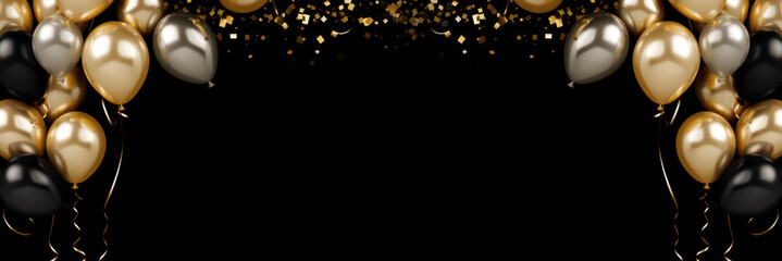 gold black balloon confetti background for graduation birthday happy new year opening sale concept, usable for banner poster brochure ad invitation flyer template