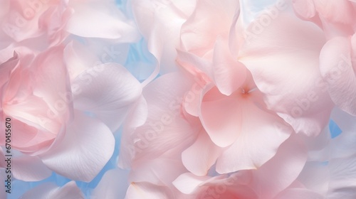Extreme close-up of delicate flower petals, pale rose pinks and subtle azure blues, in the style of botanical photography, © Yasin Arts