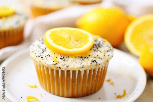 lemon poppy seed muffin with lemon zest on top