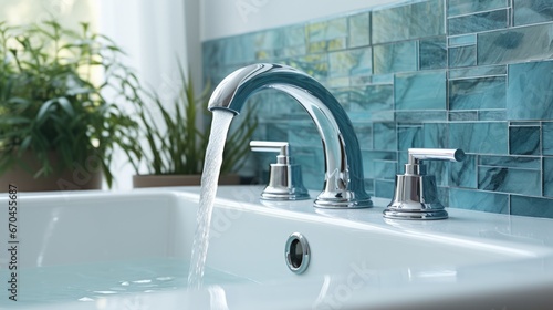 Beautiful tap mixer tap with water flowing from it to the sink
