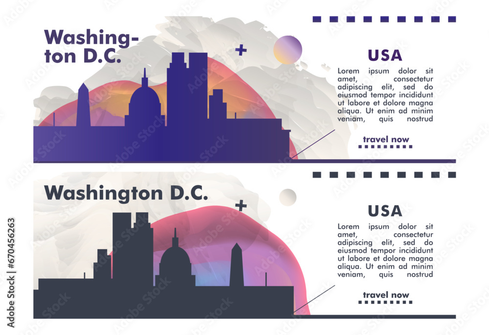USA Washington D.C. city banner pack with abstract shapes of skyline, cityscape, landmark. Travel vector horizontal illustration layout set for brochure, website, page, presentation, header, footer