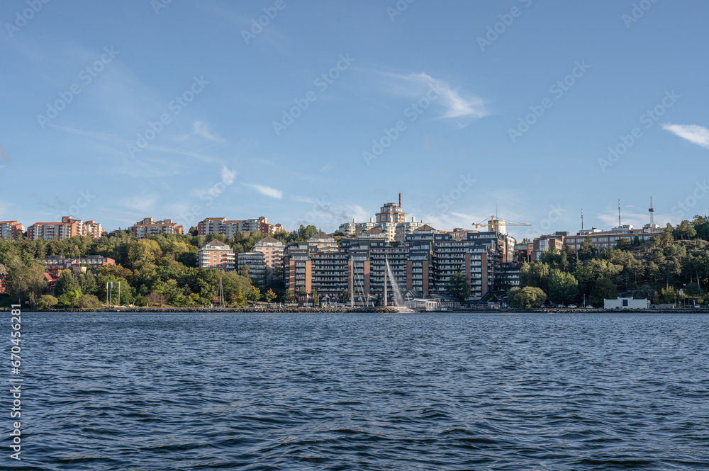 Modern apartment buildings at the Stockholm waterfront in the district Nacka Strand. Stockholm, Sweden