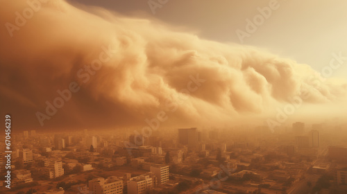 Haboob dust storm over city. Sand storm in desert of high altitude with cumulonimbus rain clouds.