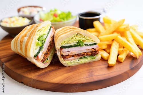sandwich with coleslaw on a wooden platter with chips