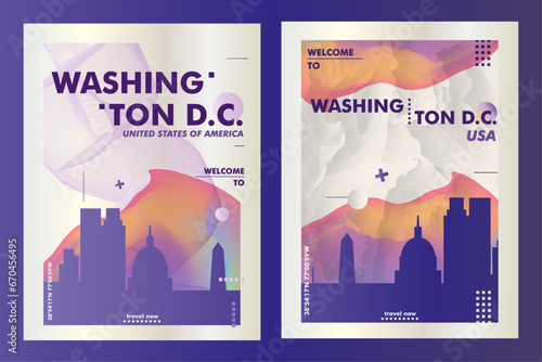 USA Washington D.C. city poster pack with abstract skyline, cityscape, landmark and attraction. America capital vector illustration layout set for vertical brochure, website, flyer, presentation