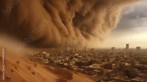 Haboob dust storm over city. Sand storm in desert of high altitude with cumulonimbus rain clouds.