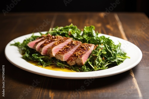 seared tuna steak with a bed of greens on a flat dish