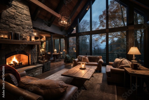 Cozy mountain cabin house with a roaring fireplace, Generative AI © Shooting Star Std