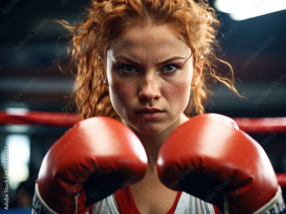 Female ginger hair boxer in the ring during a fight