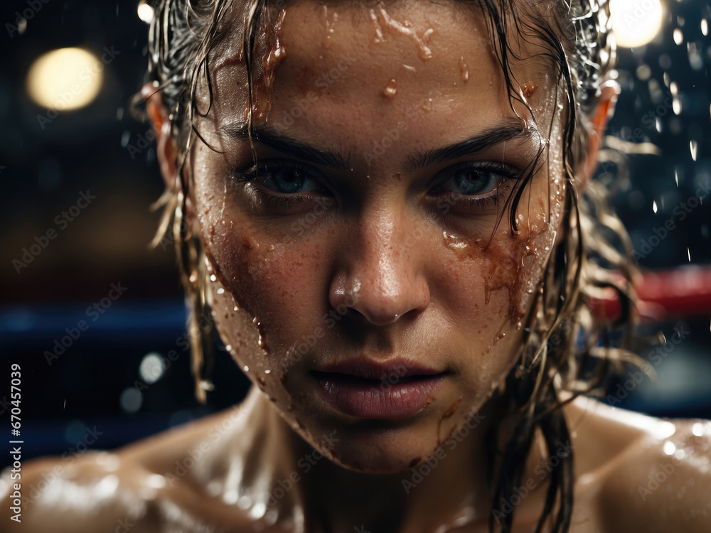 Female boxer training close up portrait. Generative AI. - obrazy, fototapety, plakaty 