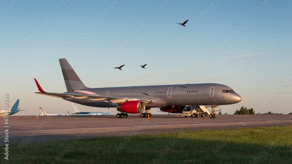 Side view of grey passenger airplane on airport apron and few other planes in the background at sunset. Few birds flying in foreground. Side view of grey passenger airplane on airport apron and few other planes in the background at sunset. Few birds flying in foreground.