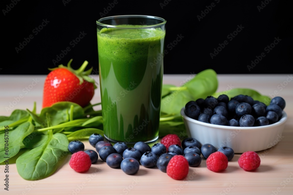 spinach, blueberries, strawberries and a freshly made smoothie spinach, blueberries, strawberries and a freshly made smoothie