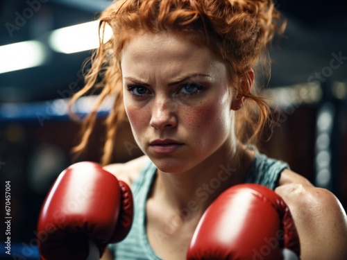 Female ginger hair boxer training in the ring