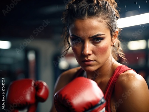 Female boxer in the ring during a fight. Close up © vkilikov