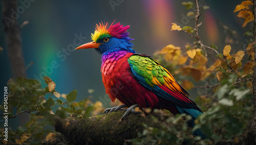 Fantasy colorful bird in the forest. Generative AI.