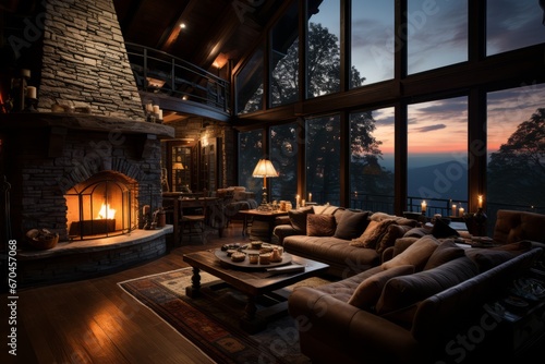 Cozy mountain cabin house with a roaring fireplace, Generative AI
