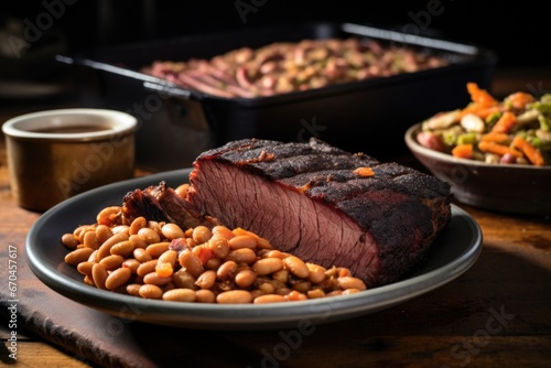 smoky beef brisket with a side of beans