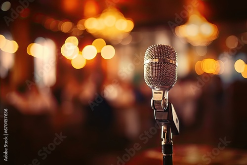 Vintage echoes. Retro microphone set musical entertainment. Classic vibes on stage capturing sound. Stage spotlight. Classic chrome nostalgic musical performance