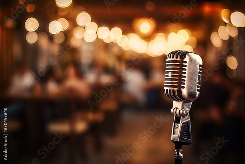 Vintage echoes. Retro microphone set musical entertainment. Classic vibes on stage capturing sound. Stage spotlight. Classic chrome nostalgic musical performance