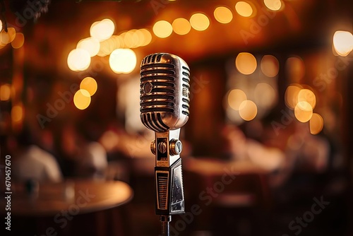 Vintage echoes. Retro microphone set musical entertainment. Classic vibes on stage capturing sound. Stage spotlight. Classic chrome nostalgic musical performance
