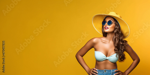 Tropical Escape: Summer Holiday Banner Design. Female model isolated on yellow background.