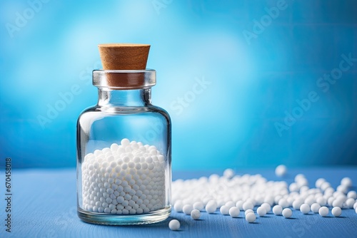 A bottle of homeopathic remedy with small white balls. Alternative healthcare inspired by nature. Herbal and organic.