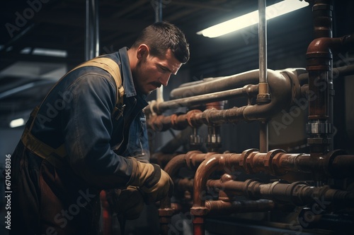 Adult plumber engineer repairing pipes 